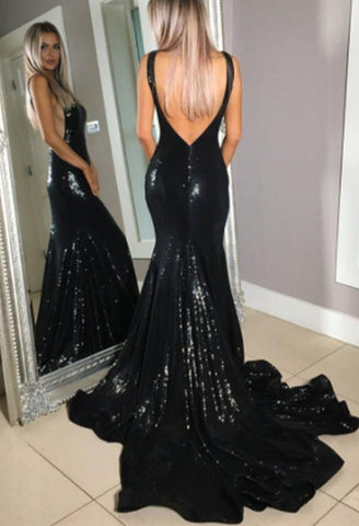 Plus V Neck Long Sleeve Black Sequins Mermaid Dress – Faeriesty